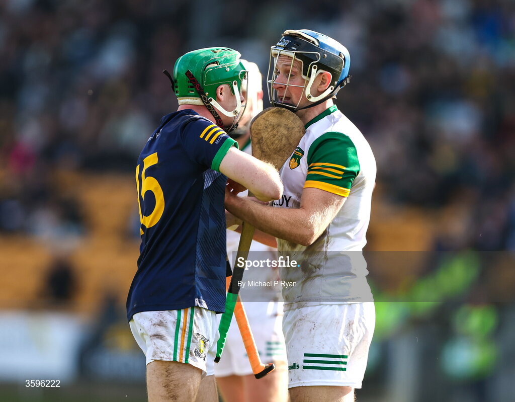 18 October 2026; Adam Screeney of Kilcormac-Killoughey tussels with Chris McDonald of Ballinamere during the Offaly County Senior Club Hurling Championship final match between Kilcormac - Killoughey and Ballinamerey at Glenisk O'Connor Park in Tullamore, Offaly. Photo by Michael P Ryan/Sportsfile