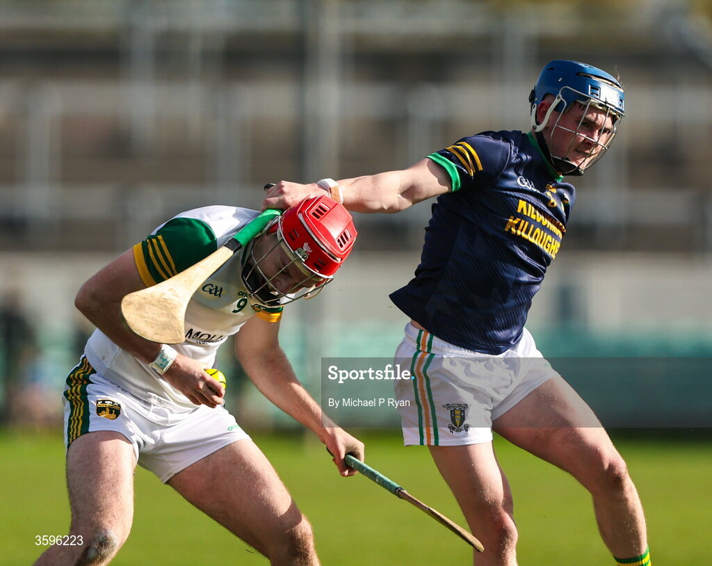 18 October 2026; Sam Bourke of Ballinamere is tackled by Colin Spain of Kilcormac-Killoughey during the Offaly County Senior Club Hurling Championship final match between Kilcormac - Killoughey and Ballinamerey at Glenisk O'Connor Park in Tullamore, Offaly. Photo by Michael P Ryan/Sportsfile