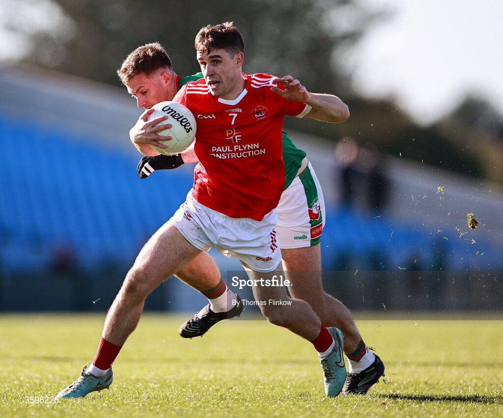 18 October 2026; David Murray of Pádraig Pearses in action against Mark Daly of St Brigid's during the Roscommon County Senior Club Football Championship final match between Pádraig Pearses and St Brigid's at King & Moffatt Dr Hyde Park in Roscommon. Photo by Thomas Flinkow/Sportsfile
