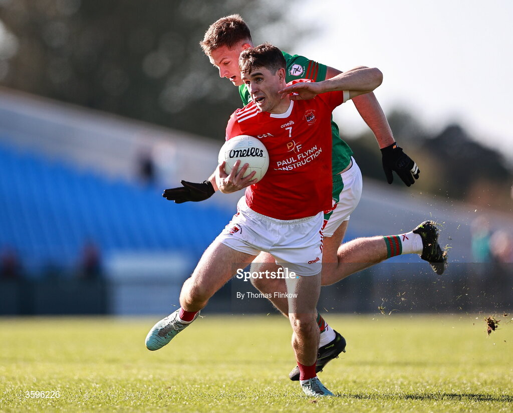 18 October 2026; David Murray of Pádraig Pearses in action against Mark Daly of St Brigid's during the Roscommon County Senior Club Football Championship final match between Pádraig Pearses and St Brigid's at King & Moffatt Dr Hyde Park in Roscommon. Photo by Thomas Flinkow/Sportsfile