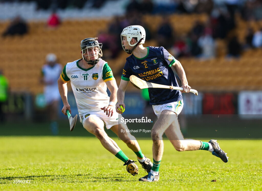 18 October 2026; Brecon Kavanagh of Kilcormac-Killoughey in action against Joe Maher of Ballinamere during the Offaly County Senior Club Hurling Championship final match between Kilcormac - Killoughey and Ballinamerey at Glenisk O'Connor Park in Tullamore, Offaly. Photo by Michael P Ryan/Sportsfile
