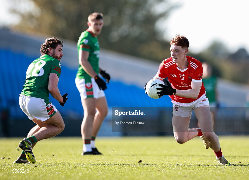 18 October 2026; Adam McGreal of Pádraig Pearses in action against Eddie Nolan of St Brigid's during the Roscommon County Senior Club Football Championship final match between Pádraig Pearses and St Brigid's at King & Moffatt Dr Hyde Park in Roscommon. Photo by Thomas Flinkow/Sportsfile