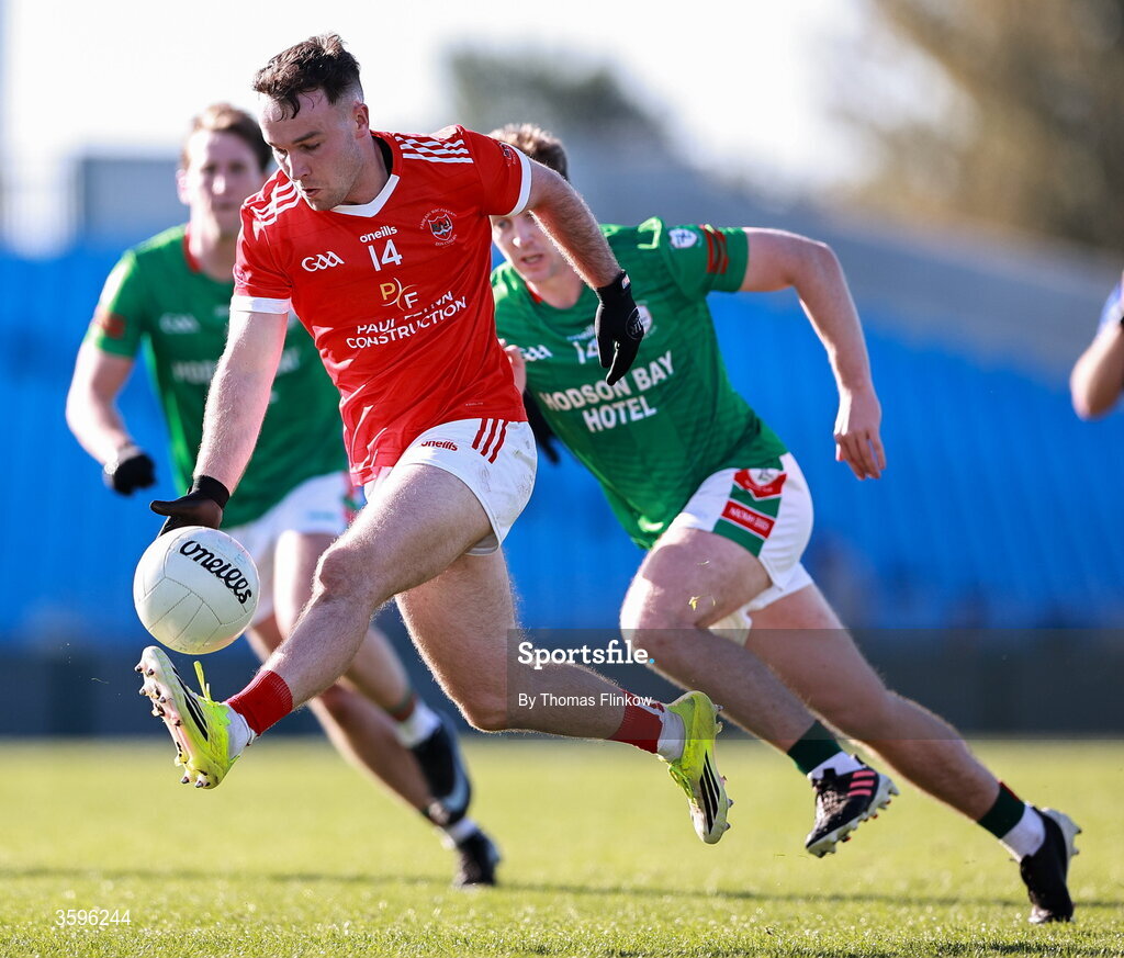 18 October 2026; Jack Tumulty of Pádraig Pearses in action against Ciaran Sugrue of St Brigid's during the Roscommon County Senior Club Football Championship final match between Pádraig Pearses and St Brigid's at King & Moffatt Dr Hyde Park in Roscommon. Photo by Thomas Flinkow/Sportsfile