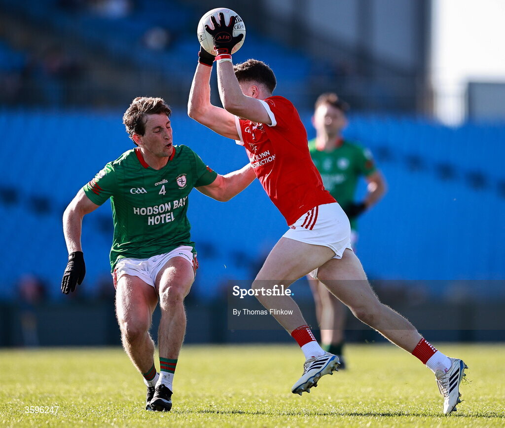 18 October 2026; Declan Kenny of Pádraig Pearses in action against Micheál Sugrue of St Brigid's during the Roscommon County Senior Club Football Championship final match between Pádraig Pearses and St Brigid's at King & Moffatt Dr Hyde Park in Roscommon. Photo by Thomas Flinkow/Sportsfile