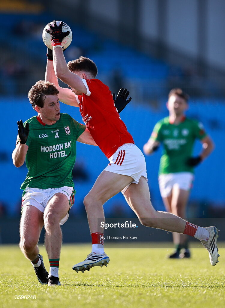 18 October 2026; Declan Kenny of Pádraig Pearses in action against Micheál Sugrue of St Brigid's during the Roscommon County Senior Club Football Championship final match between Pádraig Pearses and St Brigid's at King & Moffatt Dr Hyde Park in Roscommon. Photo by Thomas Flinkow/Sportsfile