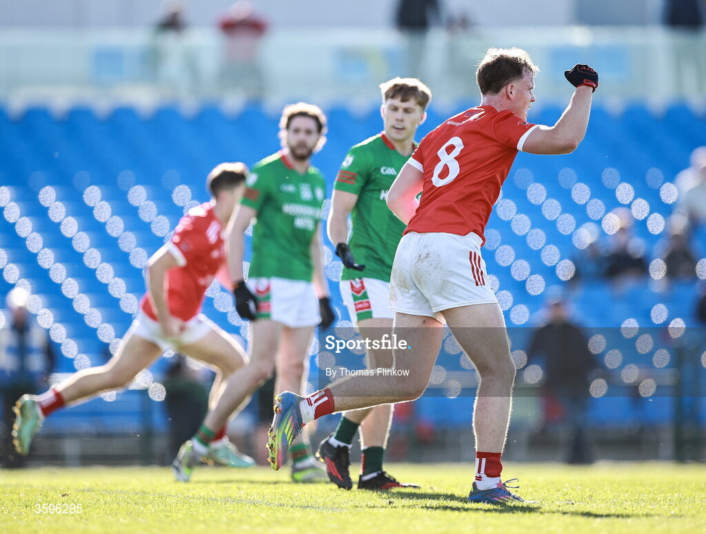18 October 2026; Conor Harley of Pádraig Pearses celebrates his side's first goal, scored by teammate David Murray, back left, during the Roscommon County Senior Club Football Championship final match between Pádraig Pearses and St Brigid's at King & Moffatt Dr Hyde Park in Roscommon. Photo by Thomas Flinkow/Sportsfile