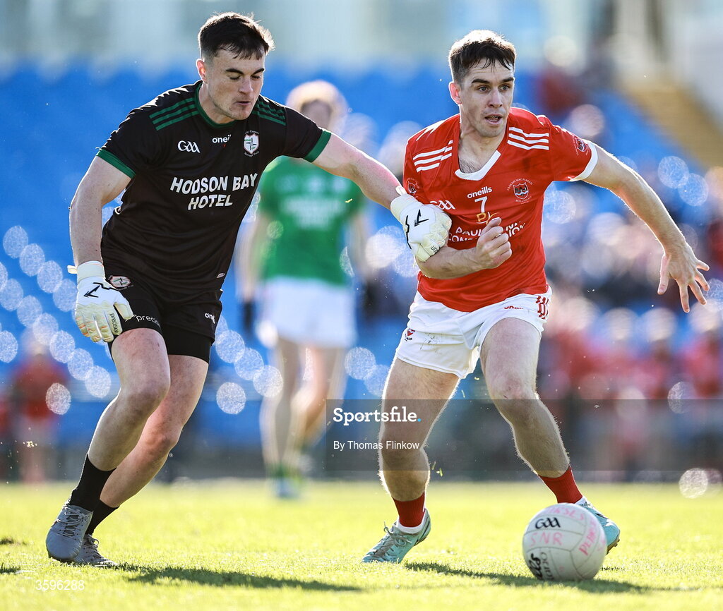 18 October 2026; David Murray of Pádraig Pearses in action against St Brigid's goalkeeper Conor Carroll during the Roscommon County Senior Club Football Championship final match between Pádraig Pearses and St Brigid's at King & Moffatt Dr Hyde Park in Roscommon. Photo by Thomas Flinkow/Sportsfile