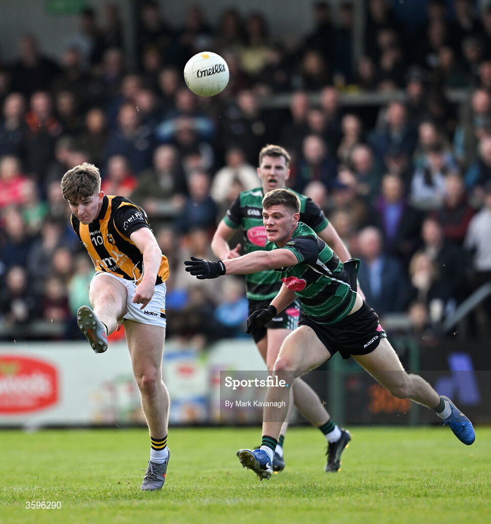 18 October 2026; Aaron Haughey of Crossmaglen Rangers attempts a shot on goal despite pressure from Gereth Murphy of Killeavy St Moninna during the Armagh County Senior Club Football Championship final match between Killeavy St Moninna and Crossmaglen Rangers at BOX-IT Athletic Grounds in Armagh. Photo by Mark Kavanagh/Sportsfile