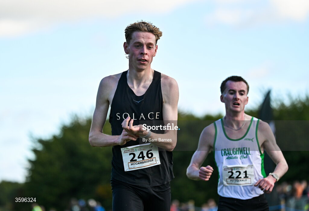 18 October 2026; Tony McCambridge of CNDR Track AC, celebrates winning the Senior Men 7500m ahead of William Fitzgerald of Craughwell AC, Galway, who finished second, during the Autumn Open Cross Country International at the Sport Ireland Campus in Dublin. Photo by Sam Barnes/Sportsfile