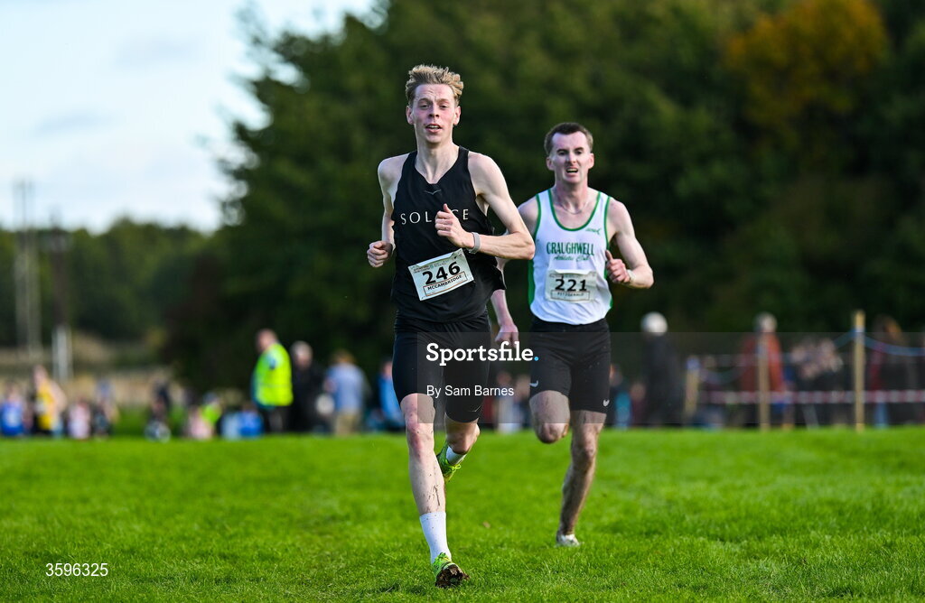 18 October 2026; Tony McCambridge of CNDR Track AC, left, on his way to winning the Senior Men 7500m ahead of William Fitzgerald of Craughwell AC, Galway, who finished second, during the Autumn Open Cross Country International at the Sport Ireland Campus in Dublin. Photo by Sam Barnes/Sportsfile