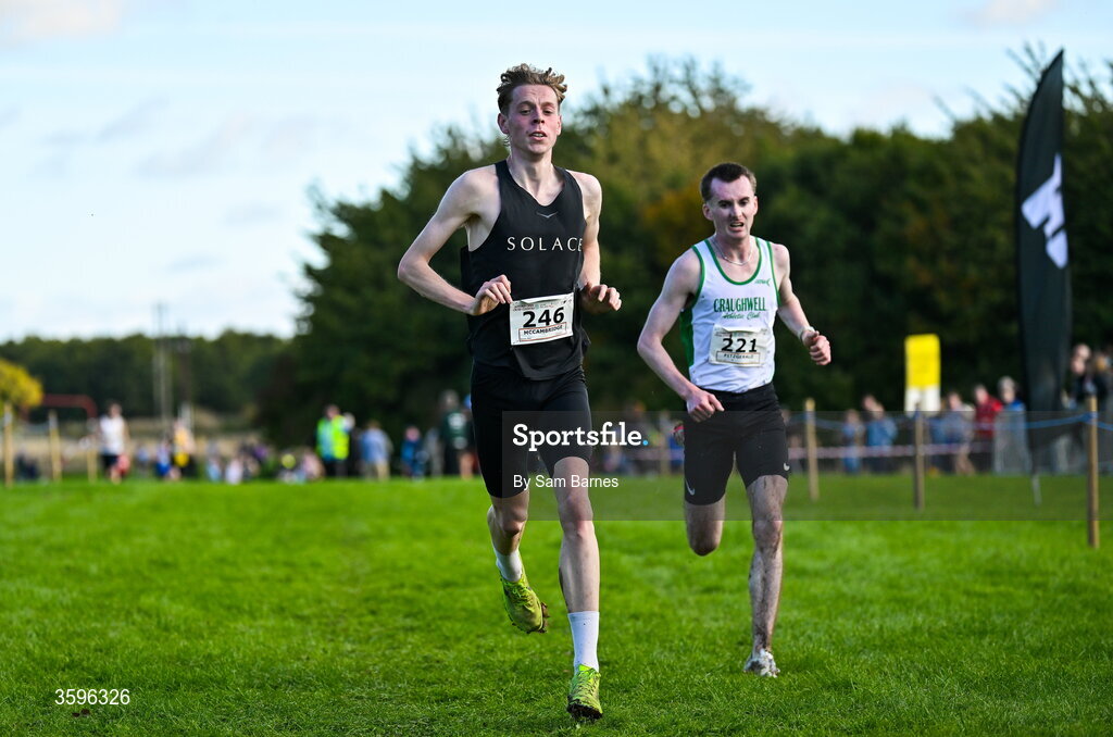18 October 2026; Tony McCambridge of CNDR Track AC, celebrates winning the Senior Men 7500m ahead of William Fitzgerald of Craughwell AC, Galway, who finished second, during the Autumn Open Cross Country International at the Sport Ireland Campus in Dublin. Photo by Sam Barnes/Sportsfile