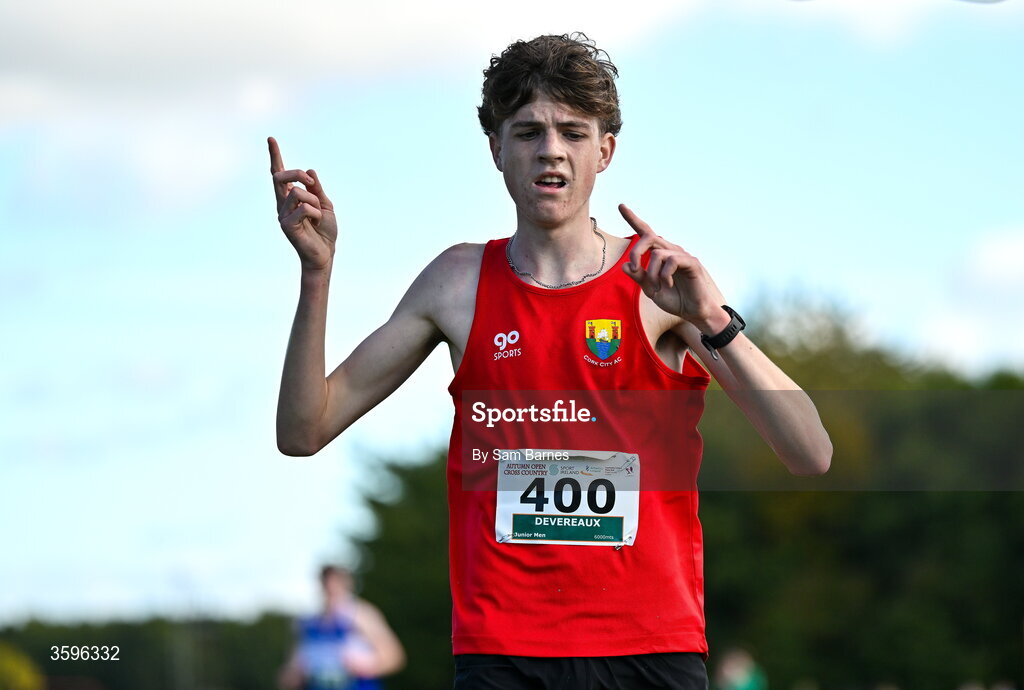 18 October 2026; Ruby Devereaux of Cork City AC, celebrates winning the U20 Men 6000m during the Autumn Open Cross Country International at the Sport Ireland Campus in Dublin. Photo by Sam Barnes/Sportsfile