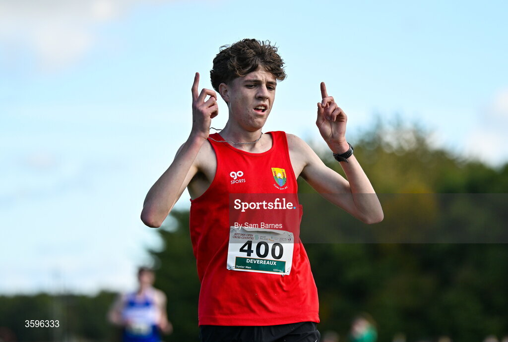 18 October 2026; Ruby Devereaux of Cork City AC, celebrates winning the U20 Men 6000m during the Autumn Open Cross Country International at the Sport Ireland Campus in Dublin. Photo by Sam Barnes/Sportsfile