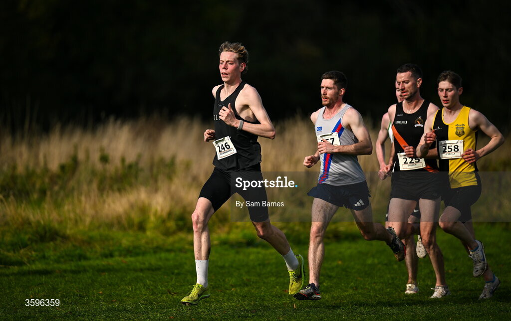 18 October 2026; Tony McCambridge of CNDR Track AC, left, leads the field on his way to winning the Senior Men 7500m during the Autumn Open Cross Country International at the Sport Ireland Campus in Dublin. Photo by Sam Barnes/Sportsfile