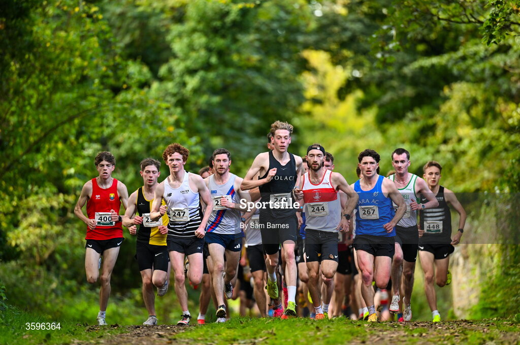 18 October 2026; Tony McCambridge of CNDR Track AC, left, leads the field on his way to winning the Senior Men 7500m during the Autumn Open Cross Country International at the Sport Ireland Campus in Dublin. Photo by Sam Barnes/Sportsfile