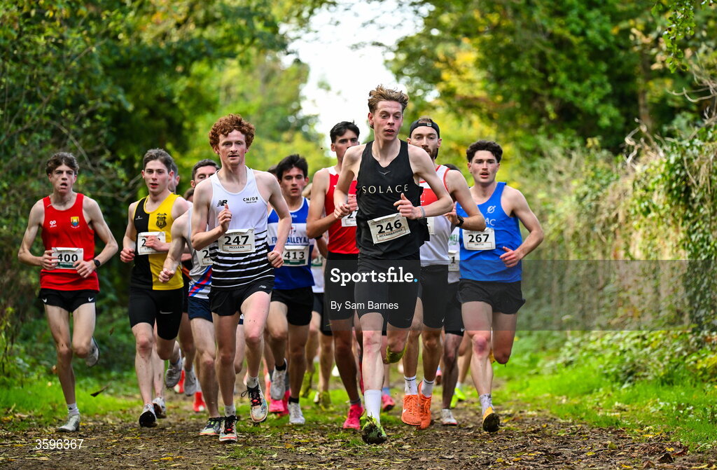 18 October 2026; Tony McCambridge of CNDR Track AC, centre, leads the field on his way to winning the Senior Men 7500m during the Autumn Open Cross Country International at the Sport Ireland Campus in Dublin. Photo by Sam Barnes/Sportsfile