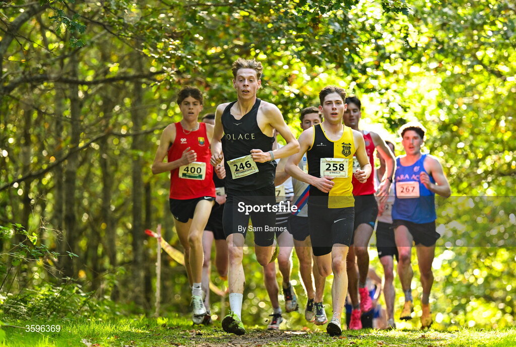 18 October 2026; Tony McCambridge of CNDR Track AC, second from left, leads the field on his way to winning the Senior Men 7500m during the Autumn Open Cross Country International at the Sport Ireland Campus in Dublin. Photo by Sam Barnes/Sportsfile