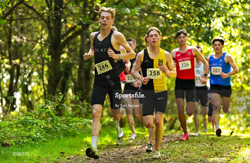 18 October 2026; Tony McCambridge of CNDR Track AC, left, leads the field on his way to winning the Senior Men 7500m during the Autumn Open Cross Country International at the Sport Ireland Campus in Dublin. Photo by Sam Barnes/Sportsfile