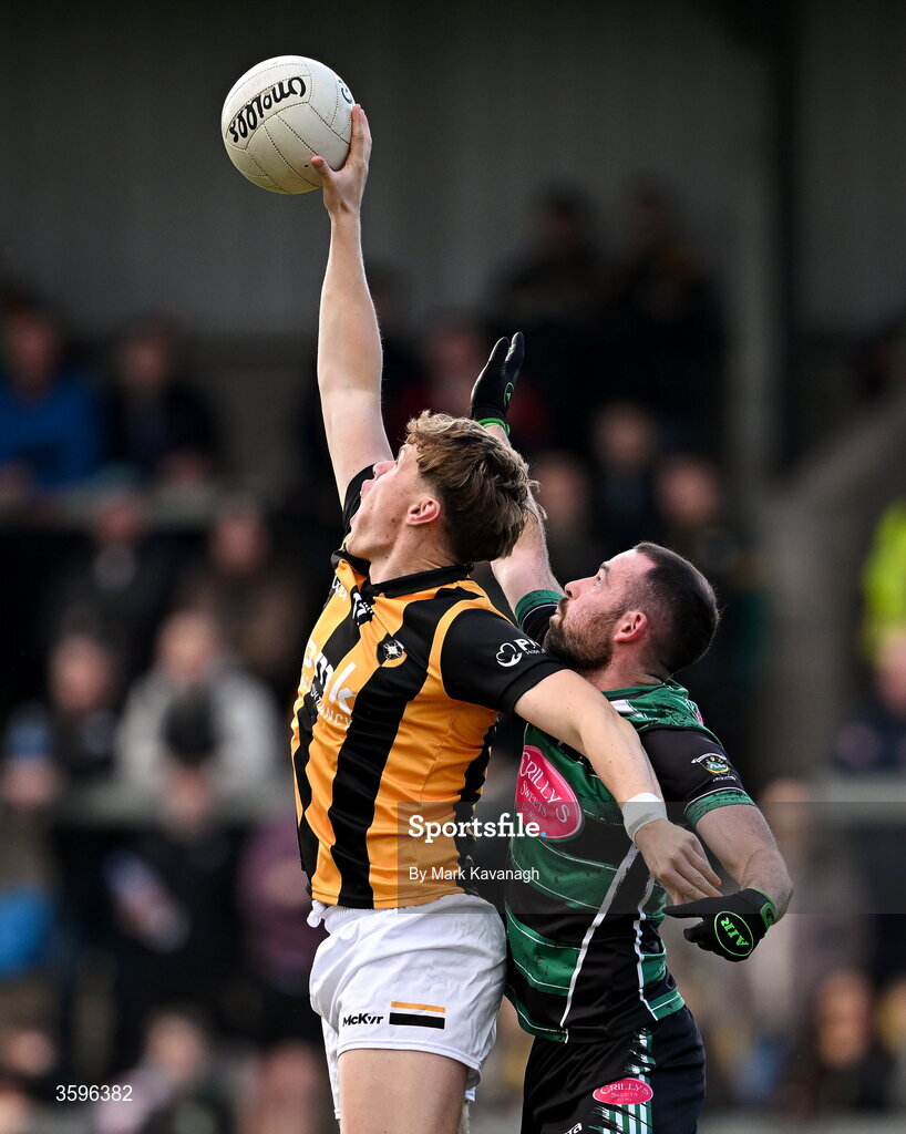 18 October 2026; Oisin O'Neill of Crossmaglen Rangers in action against Cathair McKinney of Killeavy St Moninna during the Armagh County Senior Club Football Championship final match between Killeavy St Moninna and Crossmaglen Rangers at BOX-IT Athletic Grounds in Armagh. Photo by Mark Kavanagh/Sportsfile