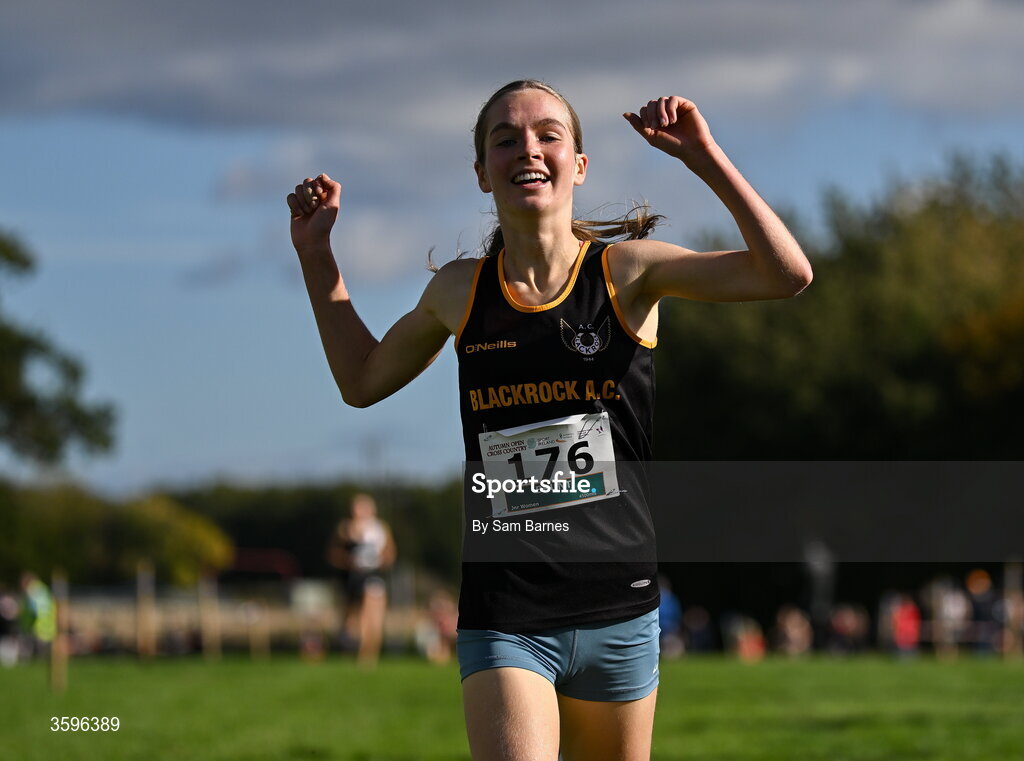 18 October 2026; Megan Brunt of Blackrock AC, Dublin, celebrates winning the U20 Women 4500m during the Autumn Open Cross Country International at the Sport Ireland Campus in Dublin. Photo by Sam Barnes/Sportsfile