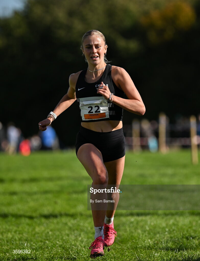 18 October 2026; Kirsti Charlotte Foster of CNDR Track AC, on her way to finishing third in the Senior Women 6000m during the Autumn Open Cross Country International at the Sport Ireland Campus in Dublin. Photo by Sam Barnes/Sportsfile