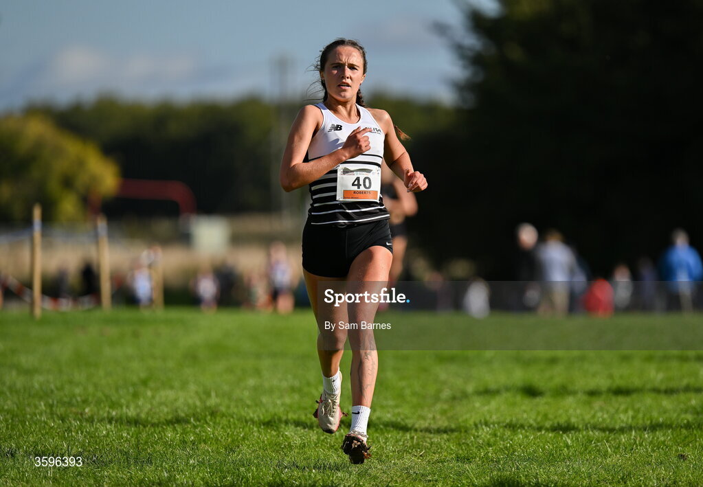 18 October 2026; Roise Roberts of CNDR Track AC, on her way to finishing second in the Senior Women 6000m during the Autumn Open Cross Country International at the Sport Ireland Campus in Dublin. Photo by Sam Barnes/Sportsfile