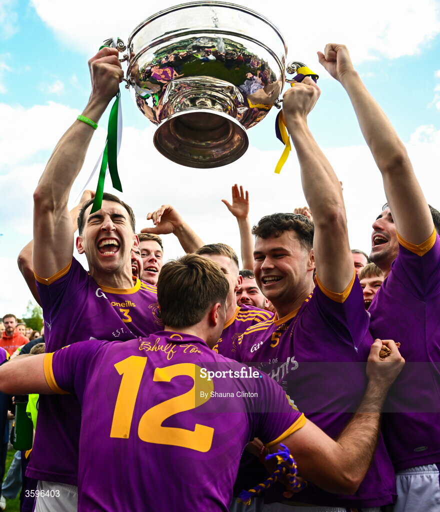 18 October 2026; Wolfe Tones players celebrate with the Keegan Cup after their side's victory in the Meath County Senior Club Football Championship final match between Wolfe Tones and Donaghmore/ Ashbourne at Donaghmore-Ashbourne GAA Club in Ashbourne, Meath. Photo by Shauna Clinton/Sportsfile