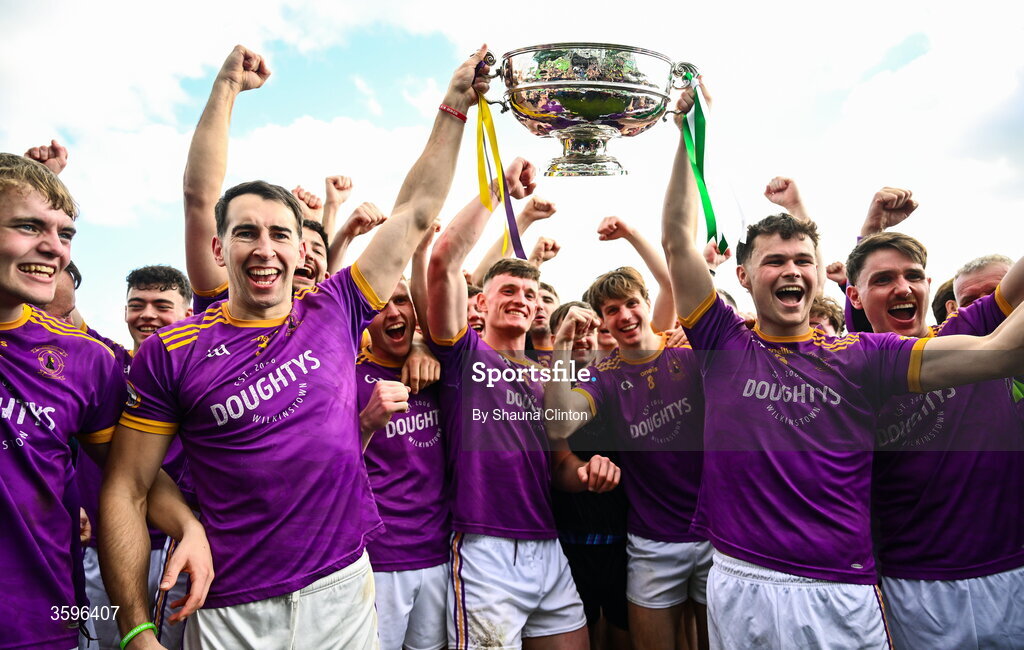 18 October 2026; Wolfe Tones players celebrate with the Keegan Cup after their side's victory in the Meath County Senior Club Football Championship final match between Wolfe Tones and Donaghmore/ Ashbourne at Donaghmore-Ashbourne GAA Club in Ashbourne, Meath. Photo by Shauna Clinton/Sportsfile