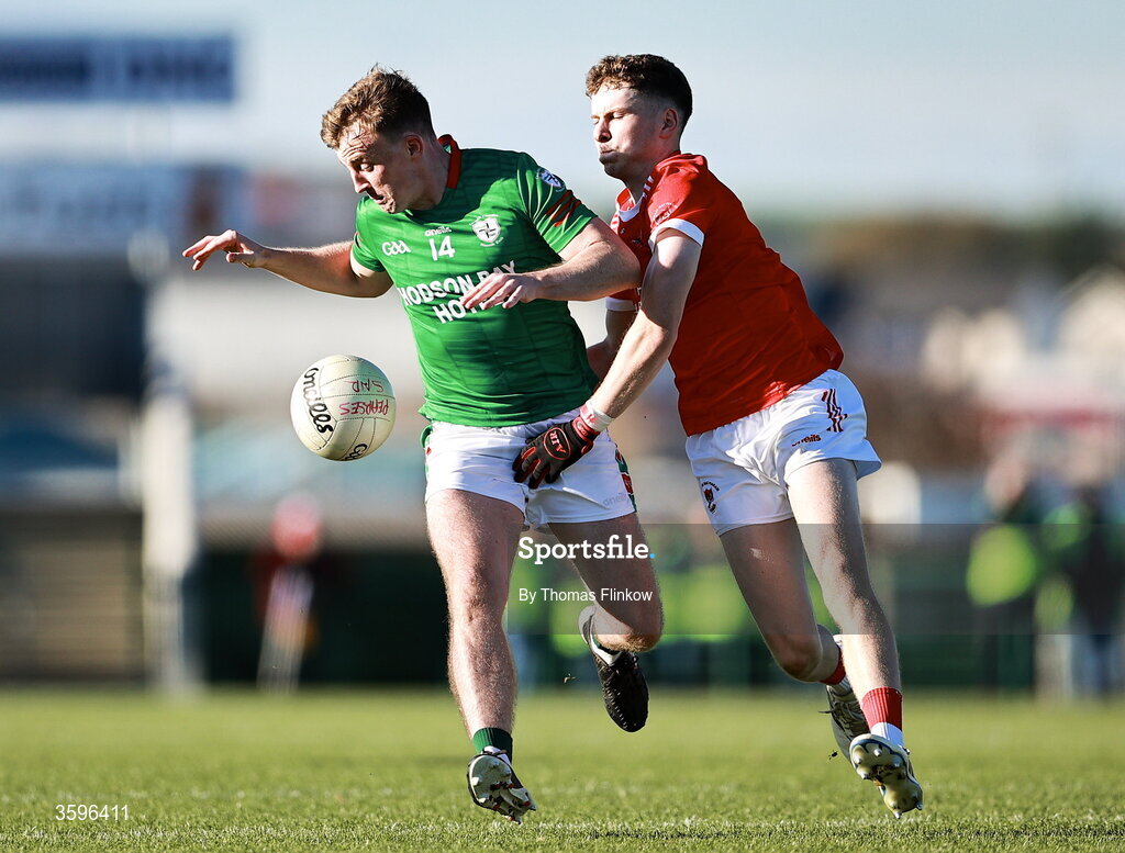 18 October 2026; Ciaran Sugrue of St Brigid's in action against Declan Kenny of Pádraig Pearses during the Roscommon County Senior Club Football Championship final match between Pádraig Pearses and St Brigid's at King & Moffatt Dr Hyde Park in Roscommon. Photo by Thomas Flinkow/Sportsfile