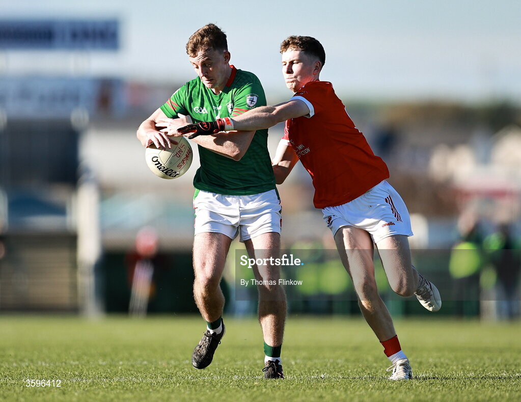 18 October 2026; Ciaran Sugrue of St Brigid's in action against Declan Kenny of Pádraig Pearses during the Roscommon County Senior Club Football Championship final match between Pádraig Pearses and St Brigid's at King & Moffatt Dr Hyde Park in Roscommon. Photo by Thomas Flinkow/Sportsfile