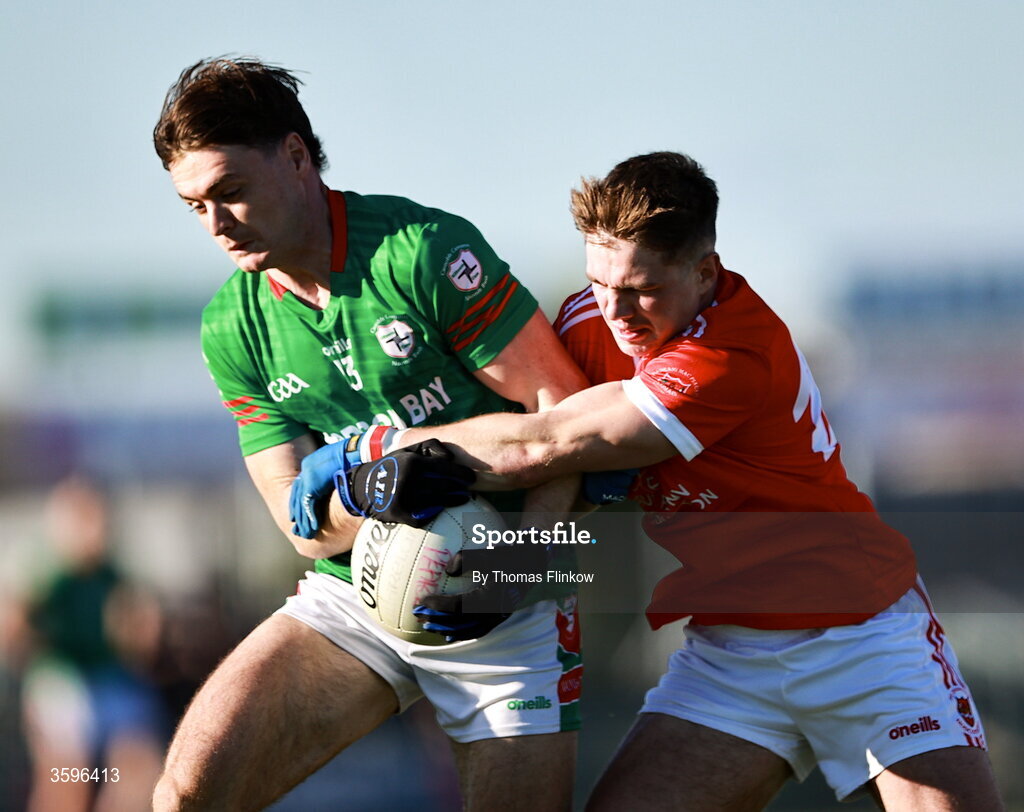 18 October 2026; Ben O'Carroll of St Brigid's in action against Conor Lohan of Pádraig Pearses during the Roscommon County Senior Club Football Championship final match between Pádraig Pearses and St Brigid's at King & Moffatt Dr Hyde Park in Roscommon. Photo by Thomas Flinkow/Sportsfile