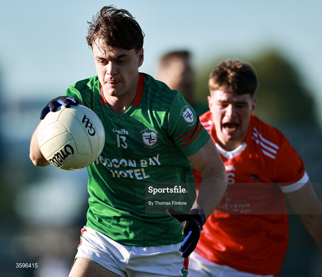 18 October 2026; Ben O'Carroll of St Brigid's in action against Conor Lohan of Pádraig Pearses during the Roscommon County Senior Club Football Championship final match between Pádraig Pearses and St Brigid's at King & Moffatt Dr Hyde Park in Roscommon. Photo by Thomas Flinkow/Sportsfile
