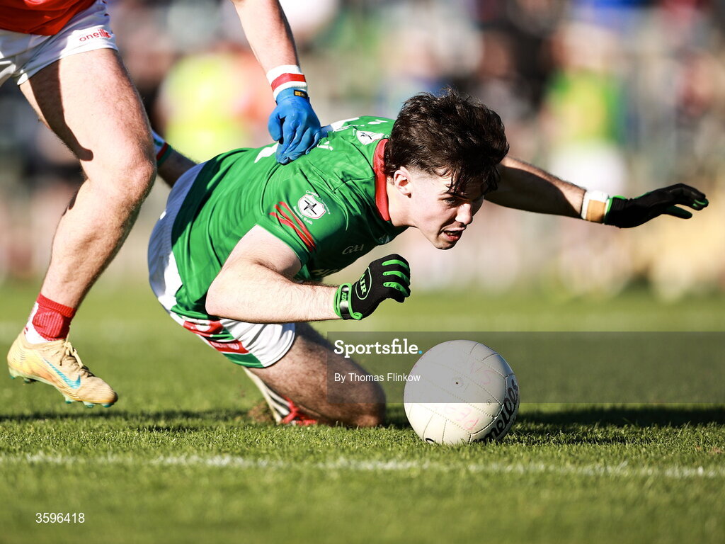 18 October 2026; Ruaidhri Fallon of St Brigid's is tackled by Conor Lohan of Pádraig Pearses during the Roscommon County Senior Club Football Championship final match between Pádraig Pearses and St Brigid's at King & Moffatt Dr Hyde Park in Roscommon. Photo by Thomas Flinkow/Sportsfile