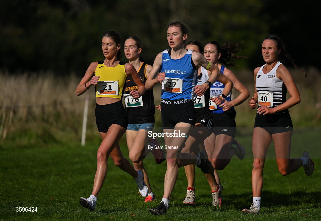 18 October 2026; Fiona Everard of Bandon AC, Cork, left, leads the field on her way to winning the Senior Women 6000m, ahead of Patricia Jackman of Waterford AC, centre, during the Autumn Open Cross Country International at the Sport Ireland Campus in Dublin. Photo by Sam Barnes/Sportsfile