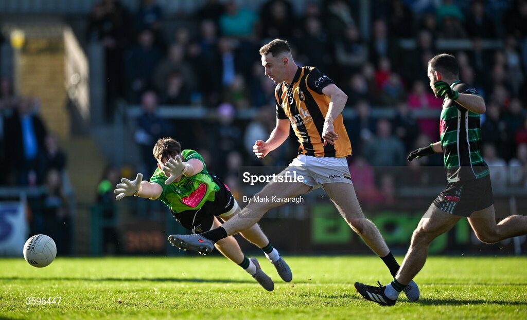 18 October 2026; Pearse Blessing of Crossmaglen Rangers shoots to score his side's first goal of the game during the Armagh County Senior Club Football Championship final match between Killeavy St Moninna and Crossmaglen Rangers at BOX-IT Athletic Grounds in Armagh. Photo by Mark Kavanagh/Sportsfile