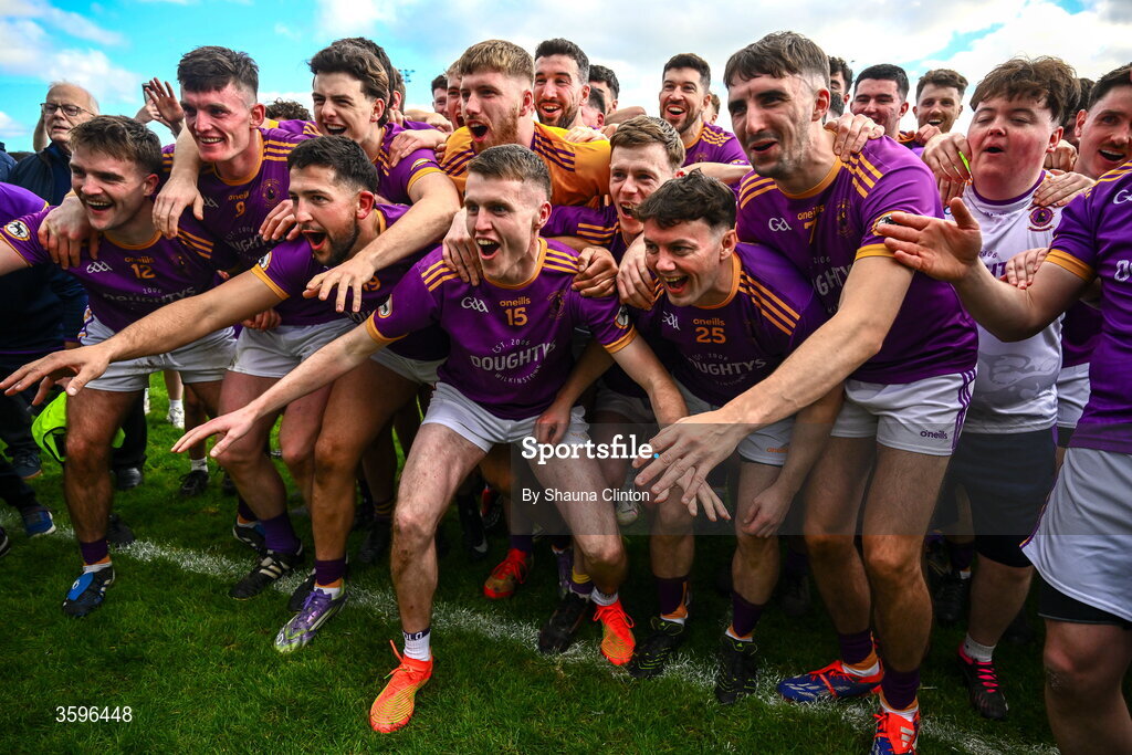 18 October 2026; Wolfe Tones players, including Kyle Moran, centre left, celebrate after their side's victory in the Meath County Senior Club Football Championship final match between Wolfe Tones and Donaghmore/ Ashbourne at Donaghmore-Ashbourne GAA Club in Ashbourne, Meath. Photo by Shauna Clinton/Sportsfile