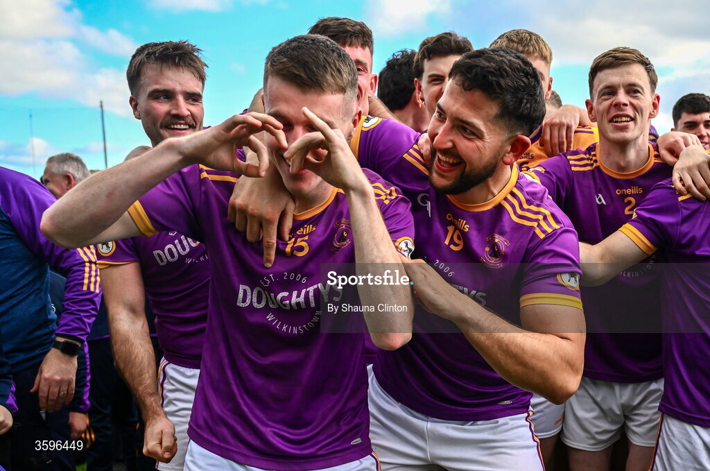 18 October 2026; Wolfe Tones players, including Kyle Moran, centre left, and Padraic Diamond, centre right, celebrate after their side's victory in the Meath County Senior Club Football Championship final match between Wolfe Tones and Donaghmore/ Ashbourne at Donaghmore-Ashbourne GAA Club in Ashbourne, Meath. Photo by Shauna Clinton/Sportsfile