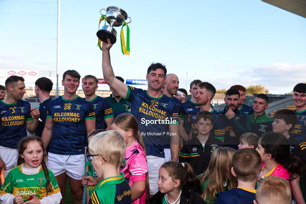 18 October 2026; Jordan Quinn of Kilcormac-Killoughey celebrates with the Sean Robbins Cup after the Offaly County Senior Club Hurling Championship final match between Kilcormac - Killoughey and Ballinamerey at Glenisk O'Connor Park in Tullamore, Offaly. Photo by Michael P Ryan/Sportsfile
