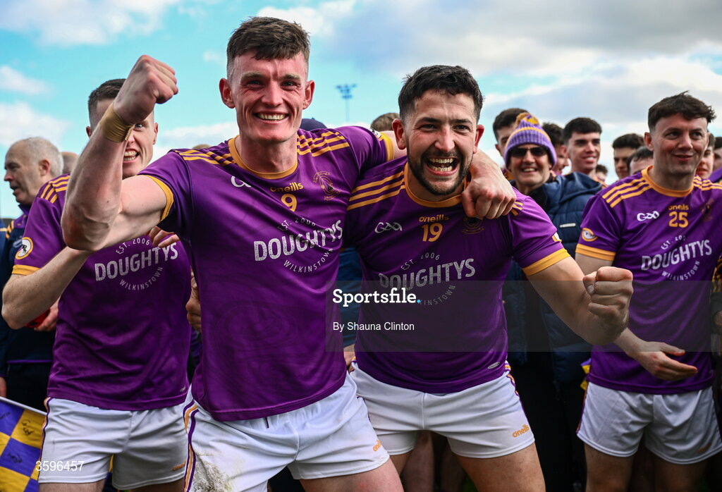 18 October 2026; Wolfe Tones players Eoin Donegan, left, and Padraic Diamond celebrate after their side's victory in the Meath County Senior Club Football Championship final match between Wolfe Tones and Donaghmore/ Ashbourne at Donaghmore-Ashbourne GAA Club in Ashbourne, Meath. Photo by Shauna Clinton/Sportsfile