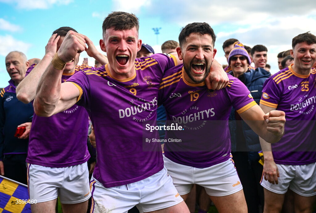 18 October 2026; Wolfe Tones players Eoin Donegan, left, and Padraic Diamond celebrate after their side's victory in the Meath County Senior Club Football Championship final match between Wolfe Tones and Donaghmore/ Ashbourne at Donaghmore-Ashbourne GAA Club in Ashbourne, Meath. Photo by Shauna Clinton/Sportsfile