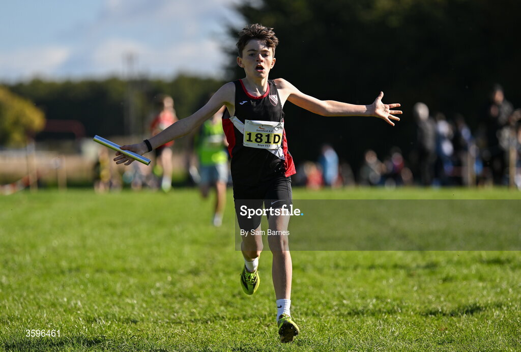 18 October 2026; Charlie Corcoran of Swinford AC, Mayo, celebrates winning the U13 Boys 4x500m Relay during the Autumn Open Cross Country International at the Sport Ireland Campus in Dublin. Photo by Sam Barnes/Sportsfile