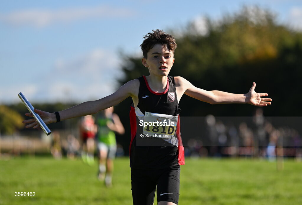 18 October 2026; Charlie Corcoran of Swinford AC, Mayo, celebrates winning the U13 Boys 4x500m Relay during the Autumn Open Cross Country International at the Sport Ireland Campus in Dublin. Photo by Sam Barnes/Sportsfile
