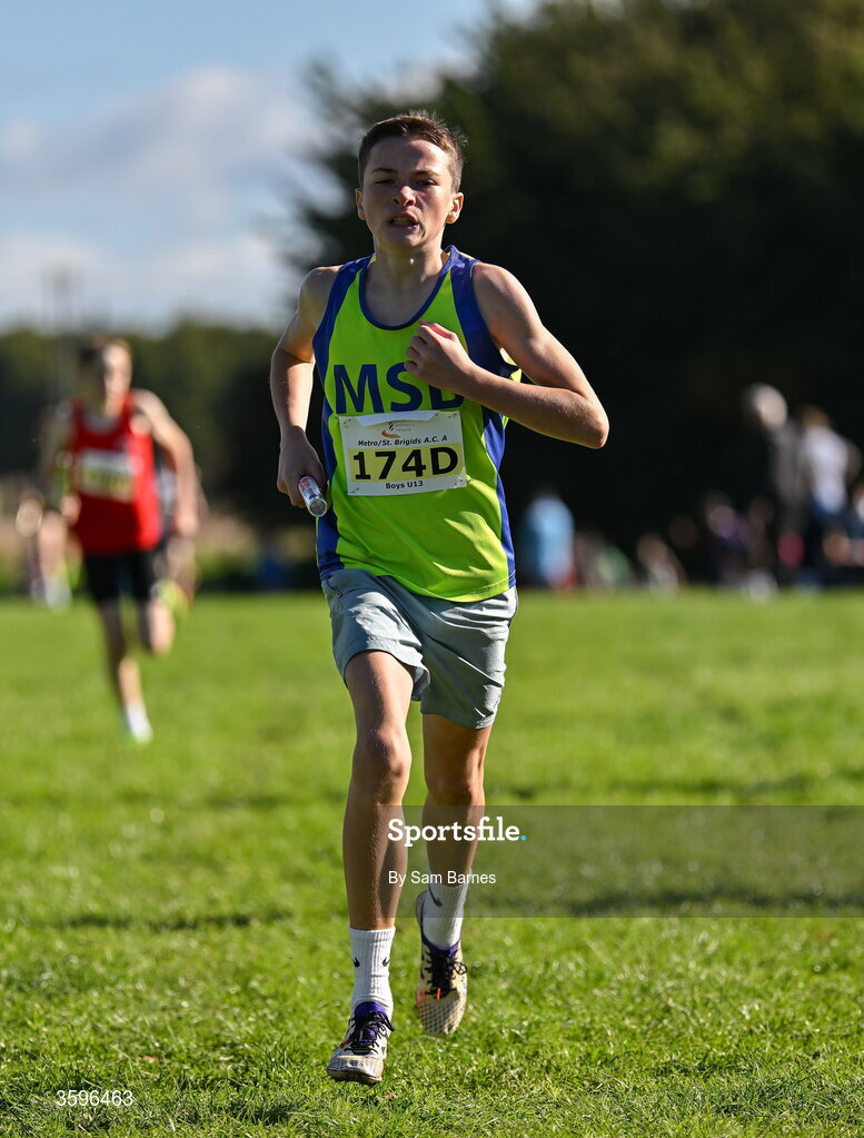 18 October 2026; Jamie Keegan of Metro/St Brigids AC A, crosses the line to finish second in the U13 Boys 4x500m Relay during the Autumn Open Cross Country International at the Sport Ireland Campus in Dublin. Photo by Sam Barnes/Sportsfile