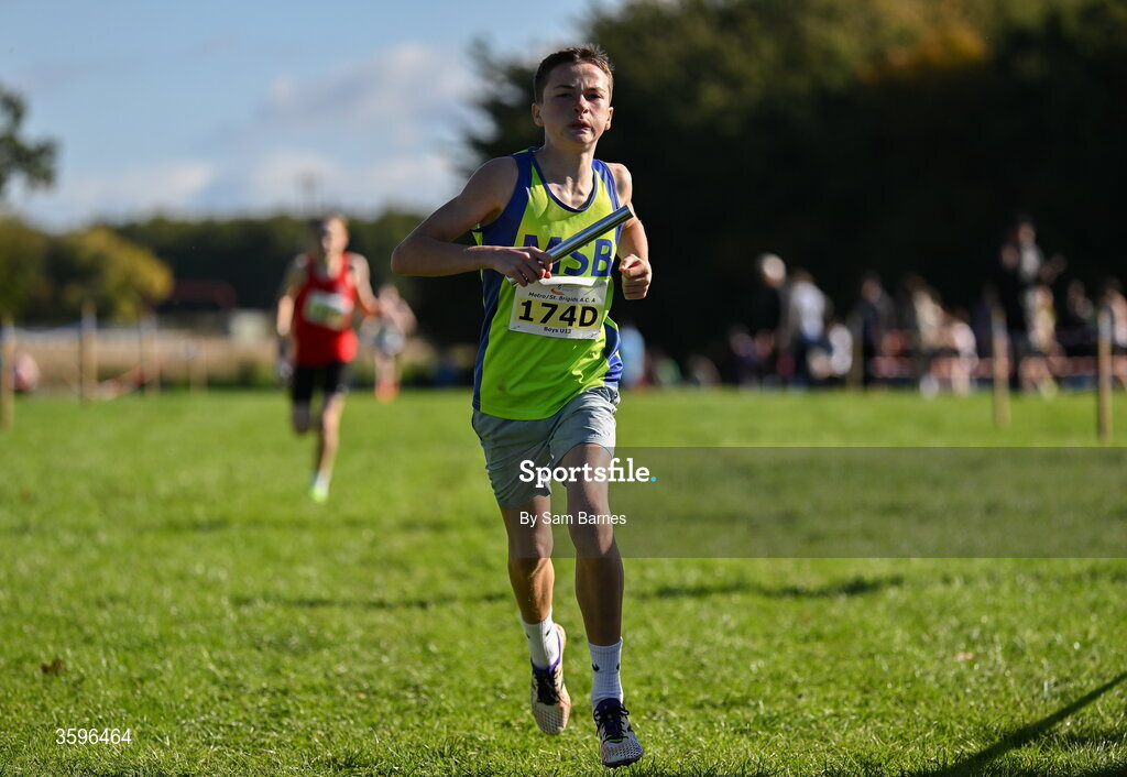 18 October 2026; Jamie Keegan of Metro/St Brigids AC A, crosses the line to finish second in the U13 Boys 4x500m Relay during the Autumn Open Cross Country International at the Sport Ireland Campus in Dublin. Photo by Sam Barnes/Sportsfile