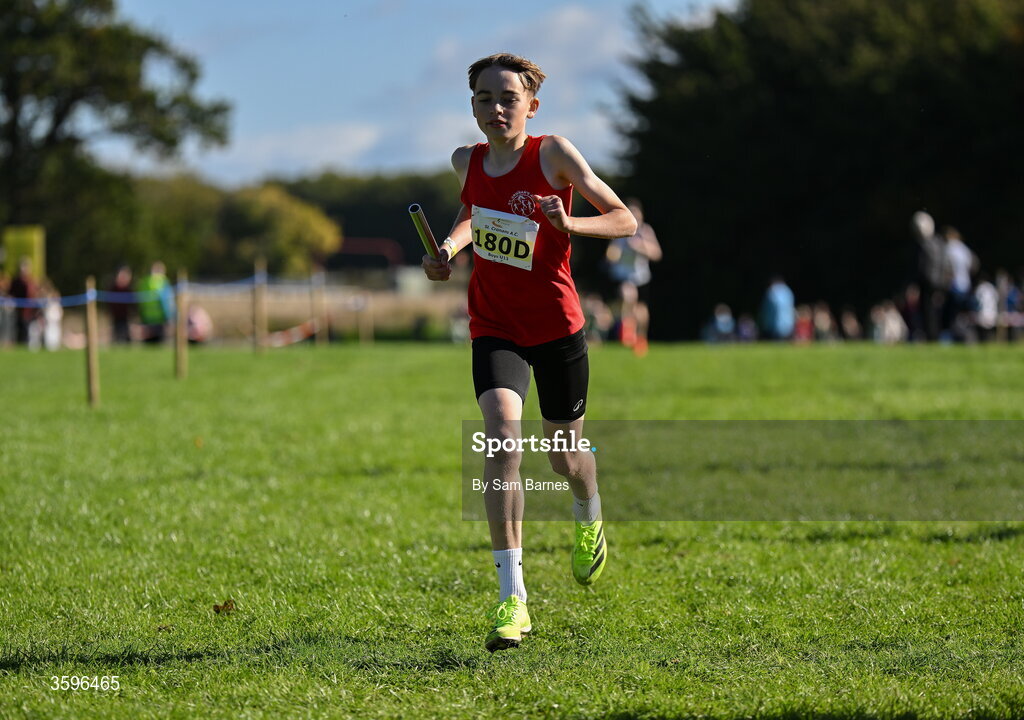 18 October 2026; Loughlin Downes of St Cronans AC crosses the line to finish third in the U13 Boys 4x500m Relay during the Autumn Open Cross Country International at the Sport Ireland Campus in Dublin. Photo by Sam Barnes/Sportsfile