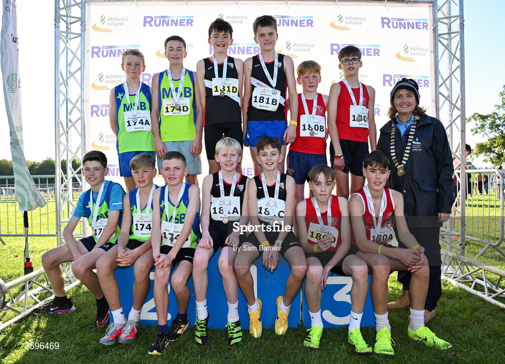18 October 2026; Athletics Ireland President Brid Golden with U13 Boys 4x500m Relay medallists, Swinford AC, Mayo, gold, centre, Metro/St Brigids AC A, Dublin, silver, left, and St Cronans AC, Clare, bronze, right, during the Autumn Open Cross Country International at the Sport Ireland Campus in Dublin. Photo by Sam Barnes/Sportsfile