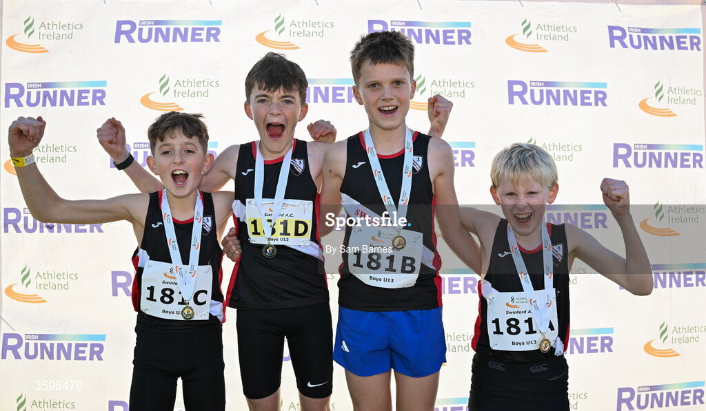 18 October 2026; The Swinford AC team, from left, Kyle Marrey, Charlie Corcoran, James D'Arcy and Aaron Hastings celebrate after winning the U13 Boys 4x500m Relay during the Autumn Open Cross Country International at the Sport Ireland Campus in Dublin. Photo by Sam Barnes/Sportsfile
