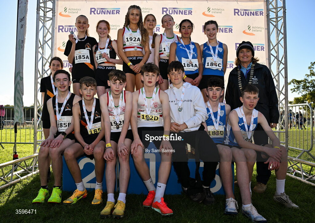 18 October 2026; Athletics Ireland President Brid Golden with U14 4x500m Mixed Relay medallists, Limerick AC A, centre, gold, Clonliffe Harriers AC A, Dublin, left, silver, and Claremorris AC, Mayo, right, bronze, during the Autumn Open Cross Country International at the Sport Ireland Campus in Dublin. Photo by Sam Barnes/Sportsfile