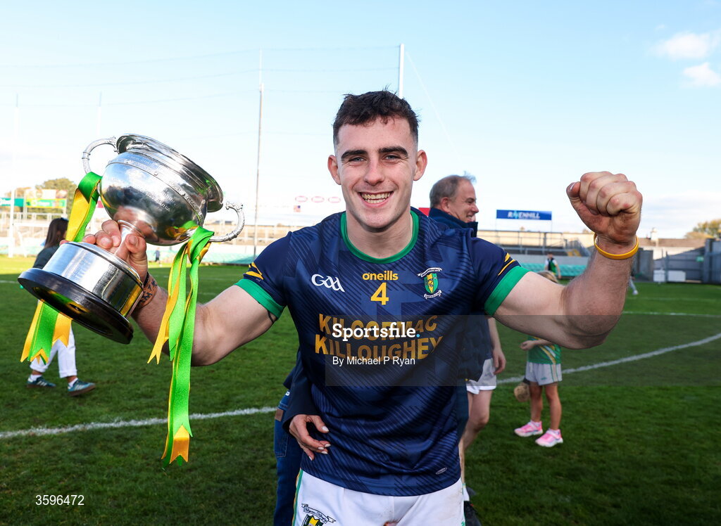 18 October 2026; James Mahon of Kilcormac-Killoughey celebrate with the Sean Robbins Cup after the Offaly County Senior Club Hurling Championship final match between Kilcormac - Killoughey and Ballinamerey at Glenisk O'Connor Park in Tullamore, Offaly. Photo by Michael P Ryan/Sportsfile
