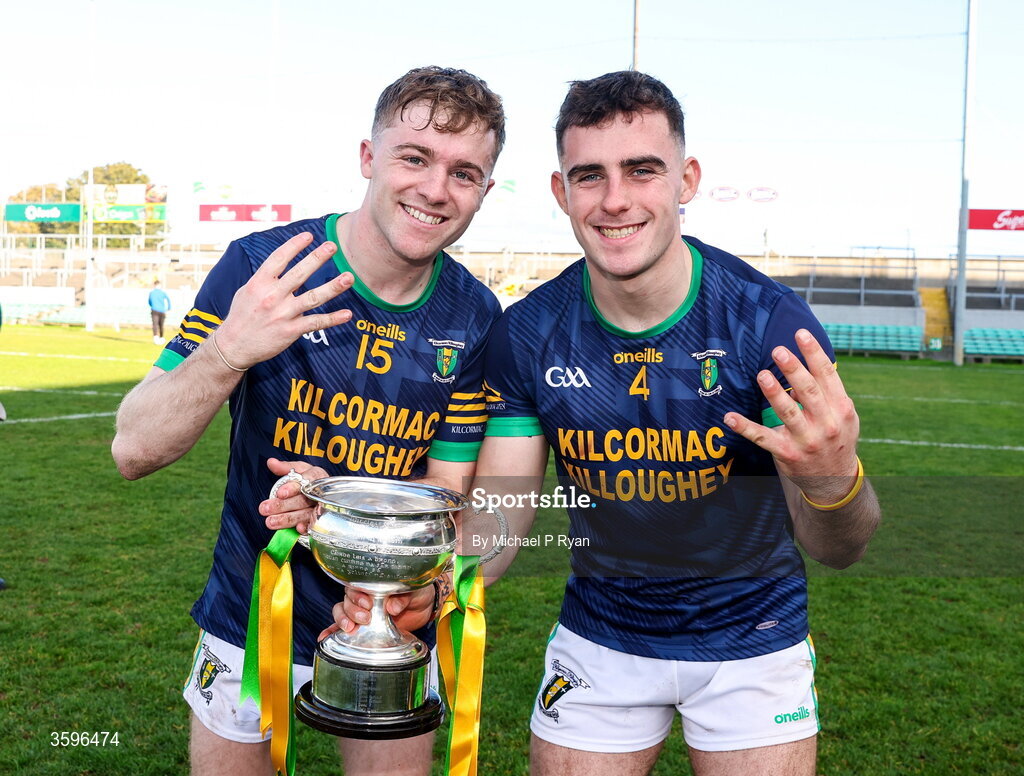 18 October 2026; Kilcormac - Killoughey players Adam Screeney, left, and James Mahon celebrate with the Sean Robbins Cup after the  Offaly County Senior Club Hurling Championship final match between Kilcormac - Killoughey and Ballinamerey at Glenisk O'Connor Park in Tullamore, Offaly. Photo by Michael P Ryan/Sportsfile
